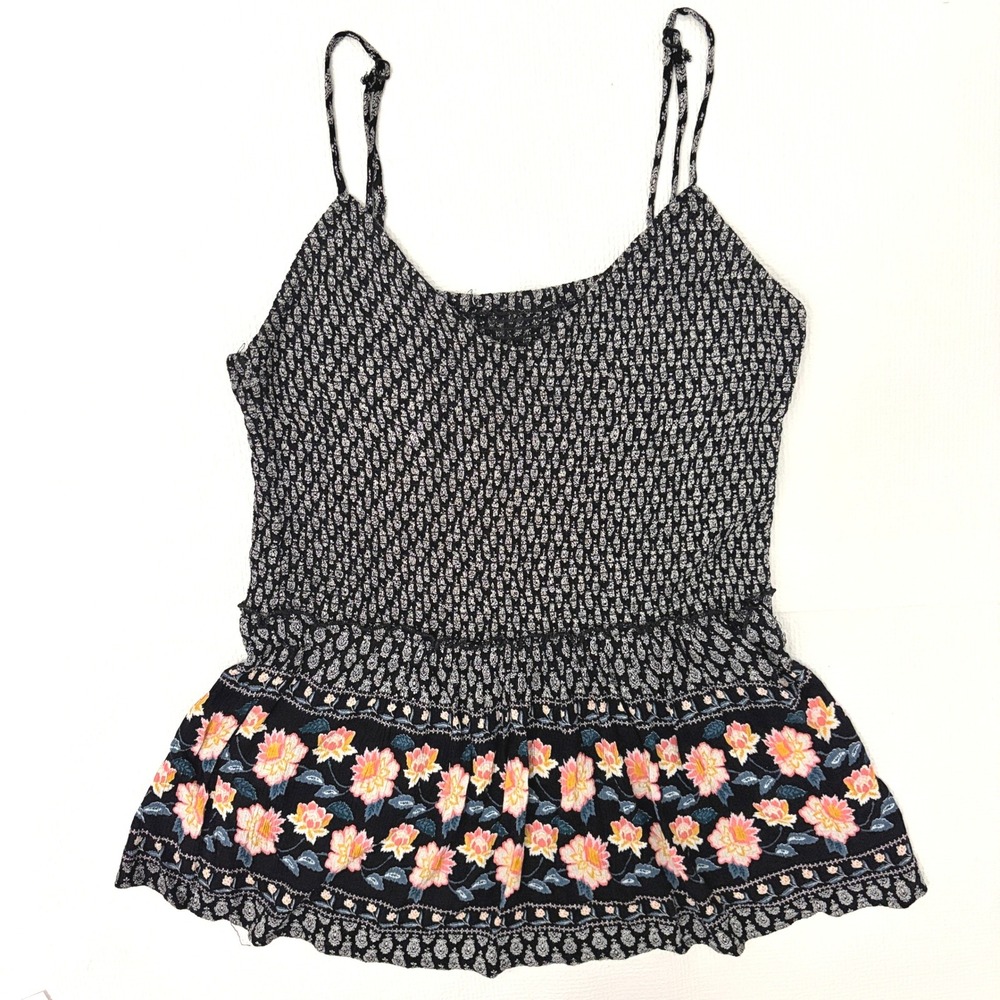 American Eagle Floral Smocked Peplum Cami Top Small Black